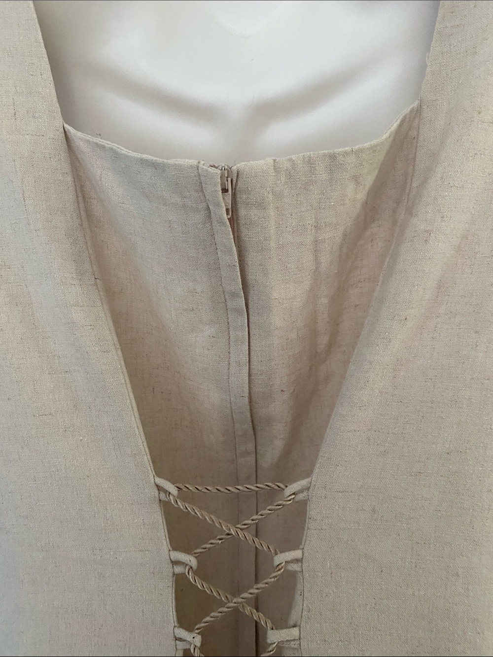 EXCALIBOR LInen Beige Maxi Dress w Black Insert & Lace-Up Panels Size X large - Picture 9 of 16